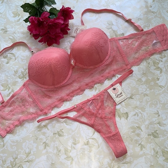 SPREE Intimates Lace Long Line Push Up Set Bra & Thong - Picture 2 of 14